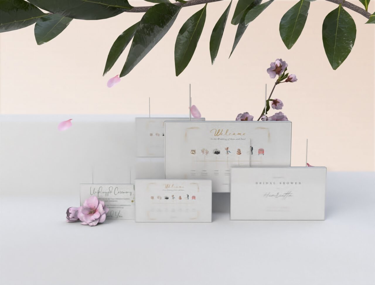 3D rendering of a scene with tethered signage primarily for wedding and wayfare signage