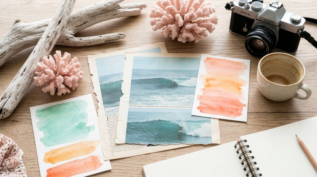 Branding and design education, a picture showing a color palette, notebook, vintage camera for inspiration