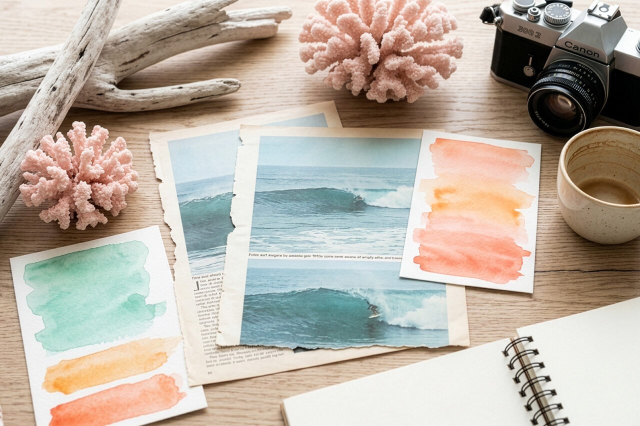 Branding and design education, a picture showing a color palette, notebook, vintage camera for inspiration